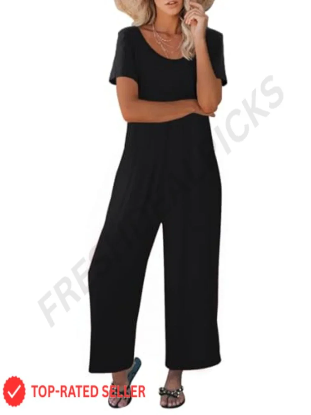 Women's Loose Fit Wide Leg Jumpsuit with Pockets U Neck Short Sleeve Summer